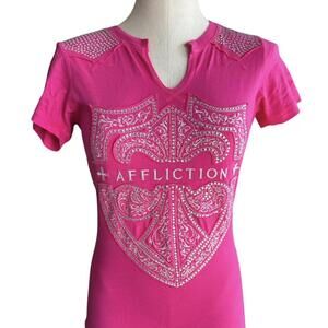 Y2K Rhinestone Affliction Logo Shirt size Medium runs small